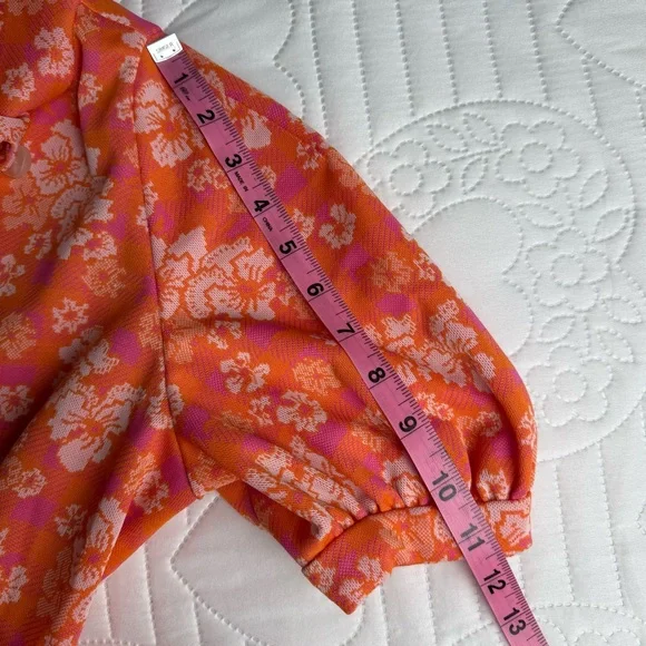 True Vintage 70s Orange Pink White Floral Puff Sleeve Collar Mini Dress Small
